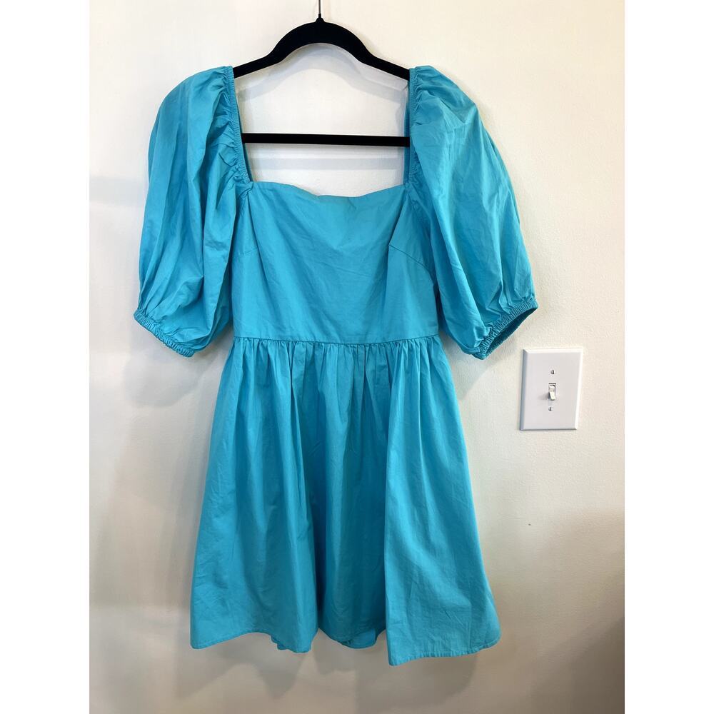 A New Day Blue Puff Sleeve Smocked Mini Dress Square Neck Cotton Size S